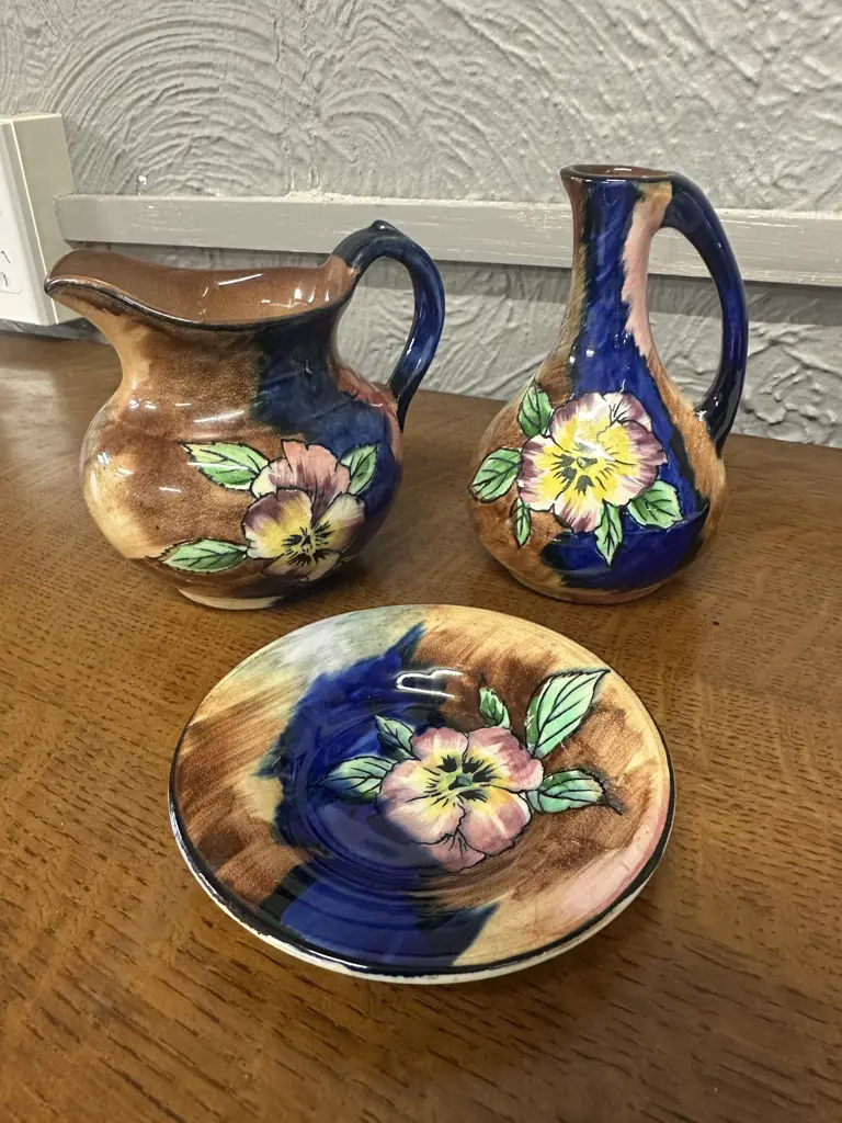 Art Deco H&K Tunstall Jug, Handled Vase & Demi Dish Viola Pattern Image 1++