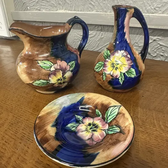 Art Deco H&K Tunstall Jug, Handled Vase & Demi Dish Viola Pattern