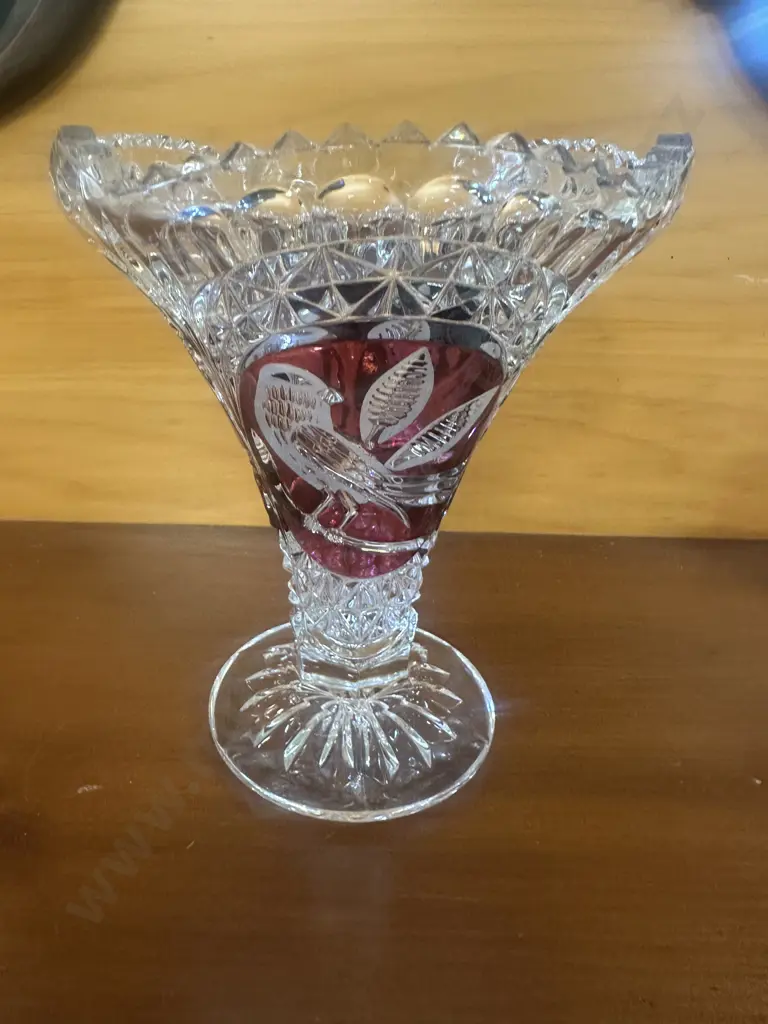 Vintage Hofbauer Byrdes Ruby Lead Crystal Vase Flared Tulip Style H19cm. Image 1++