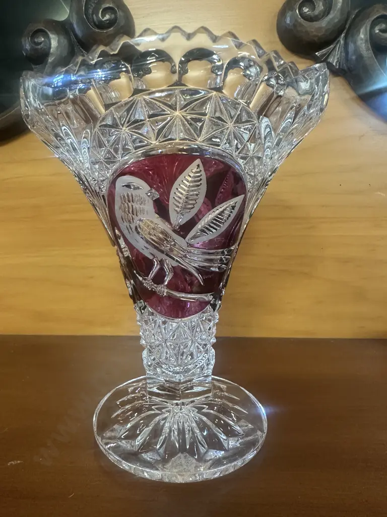 Vintage Hofbauer Byrdes Ruby Lead Crystal Vase Flared Tulip Style H19cm. Image 1++