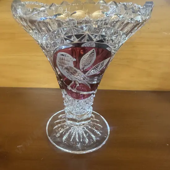 Vintage Hofbauer Byrdes Ruby Lead Crystal Vase Flared Tulip Style H19cm.