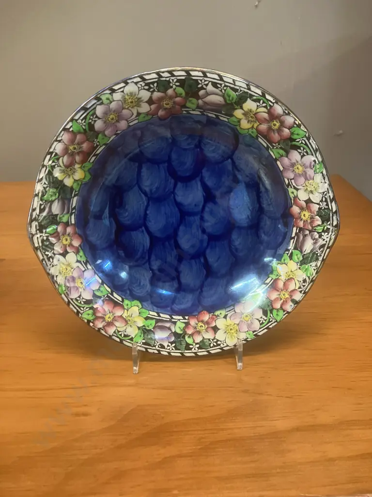 Maling Clematis Tab Handled Dish Blue Iridescent c1940's, Dia 20cms Image 1++