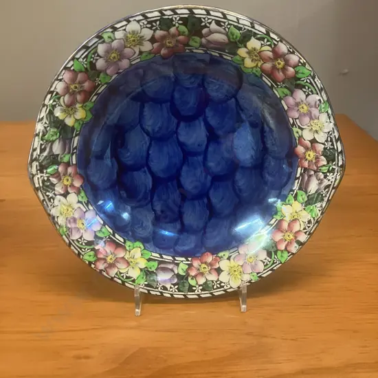 Maling Clematis Tab Handled Dish Blue Iridescent c1940's, Dia 20cms