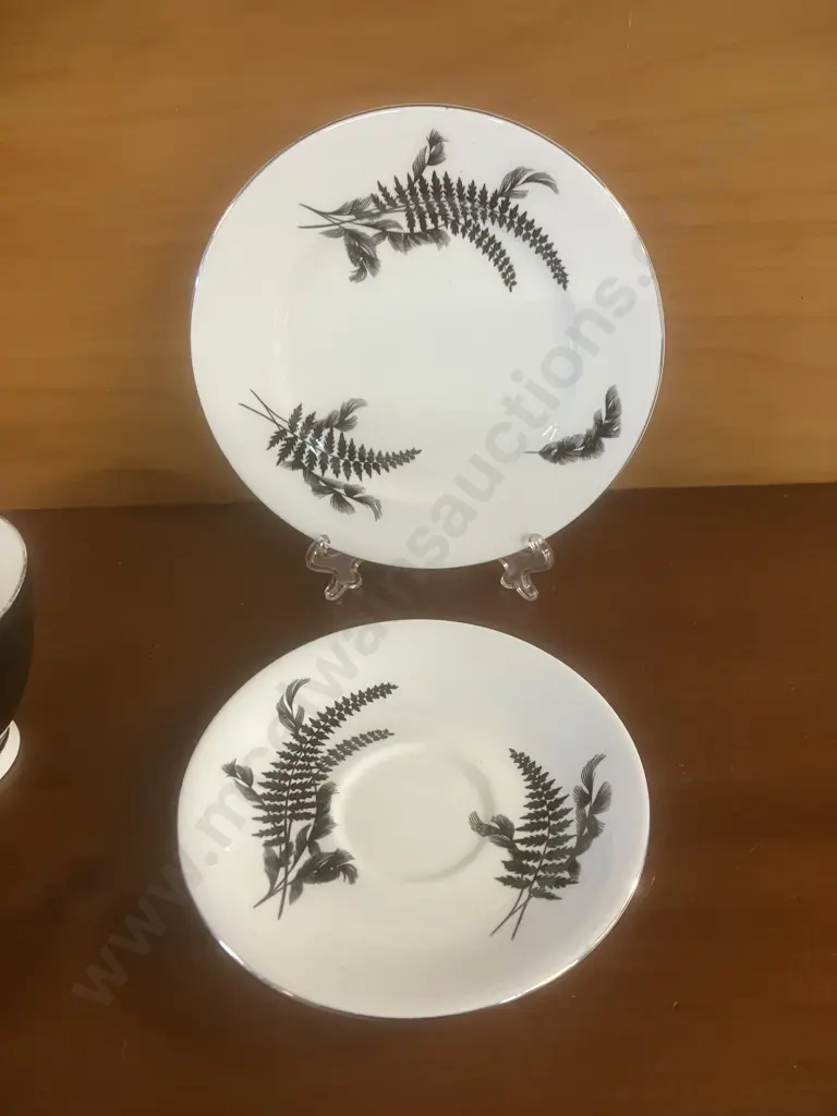 Royal Albert 'Night and Day' Teacup, Saucer & Plate Trio, Black Fern Patterned Bone China - Mid 1950's Image 1++