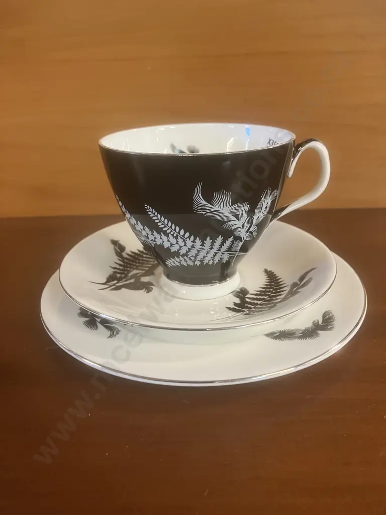 Royal Albert 'Night and Day' Teacup, Saucer & Plate Trio, Black Fern Patterned Bone China - Mid 1950's Image 1++