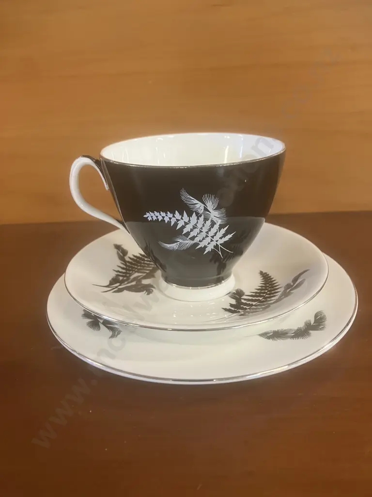Royal Albert 'Night and Day' Teacup, Saucer & Plate Trio, Black Fern Patterned Bone China - Mid 1950's Image 1++