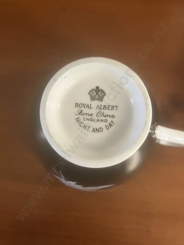 Royal Albert 'Night and Day' Teacup, Saucer & Plate Trio, Black Fern Patterned Bone China - Mid 1950's Image 1++