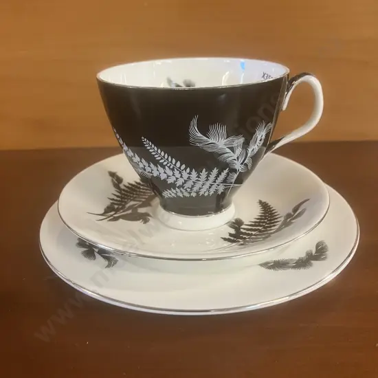Royal Albert 'Night and Day' Teacup, Saucer & Plate Trio, Black Fern Patterned Bone China - Mid 1950's
