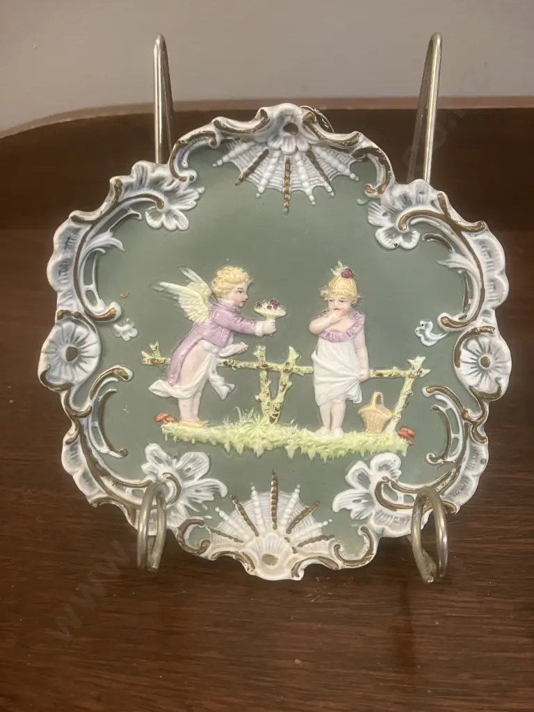 Pair of Victorian Antique Jasperware Wall Plaques, Classical Lady & Cherub Relief, Rococo Style, Hand Painted. 13 x 13cm Image 1++