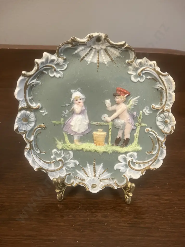 Pair of Victorian Antique Jasperware Wall Plaques, Classical Lady & Cherub Relief, Rococo Style, Hand Painted. 13 x 13cm Image 1++