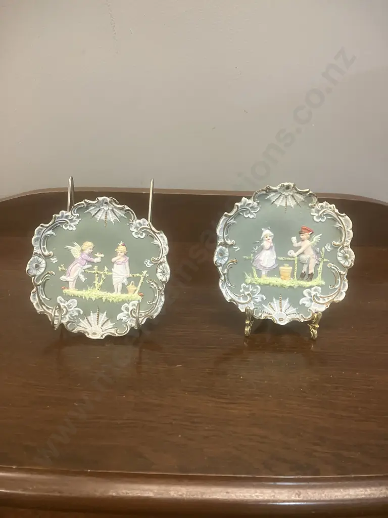 Pair of Victorian Antique Jasperware Wall Plaques, Classical Lady & Cherub Relief, Rococo Style, Hand Painted. 13 x 13cm Image 1++