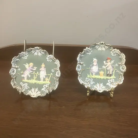 Pair of Victorian Antique Jasperware Wall Plaques, Classical Lady & Cherub Relief, Rococo Style, Hand Painted. 13 x 13cm