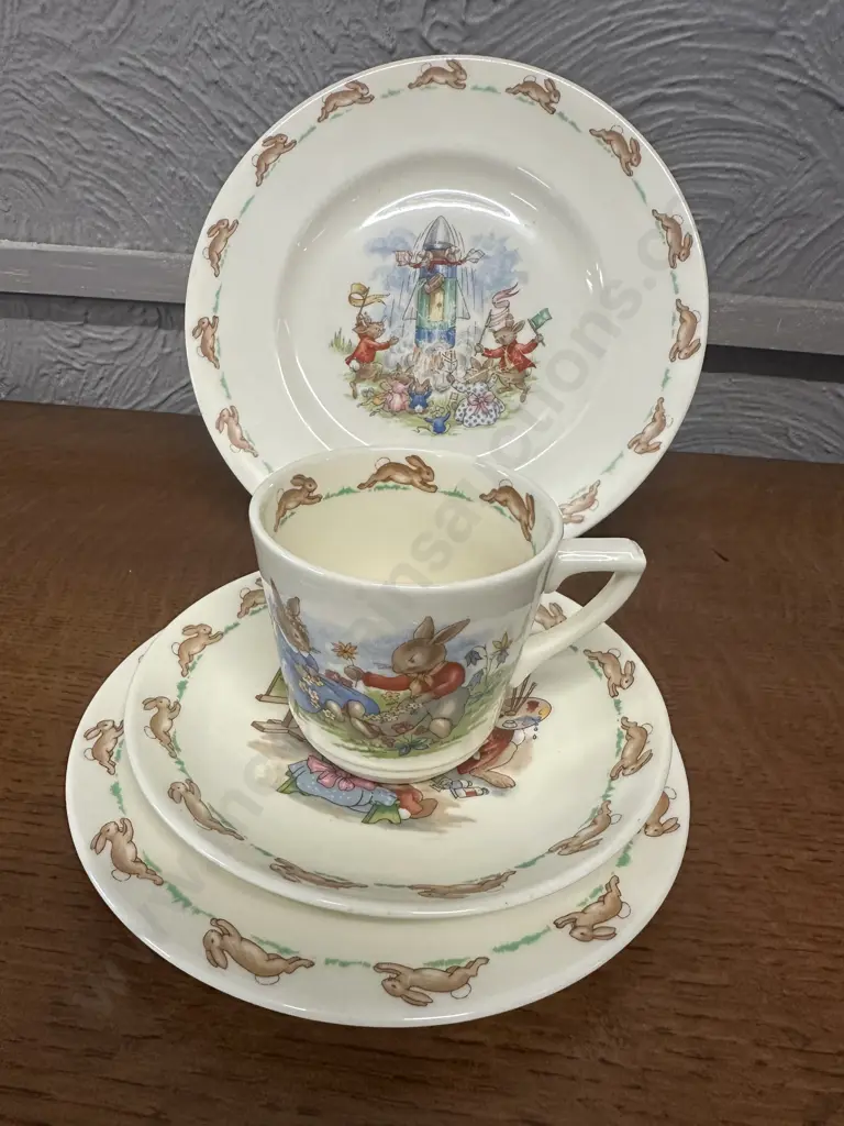 Vintage Royal Doulton Bunnykins China Items Including Rocket Launch Plate, Baking Plate, Portrait Painter Etc Image 1++