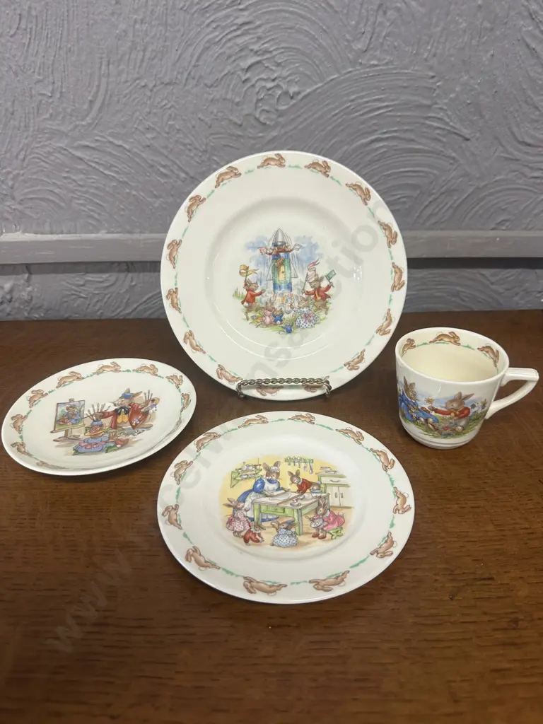 Vintage Royal Doulton Bunnykins China Items Including Rocket Launch Plate, Baking Plate, Portrait Painter Etc Image 1++