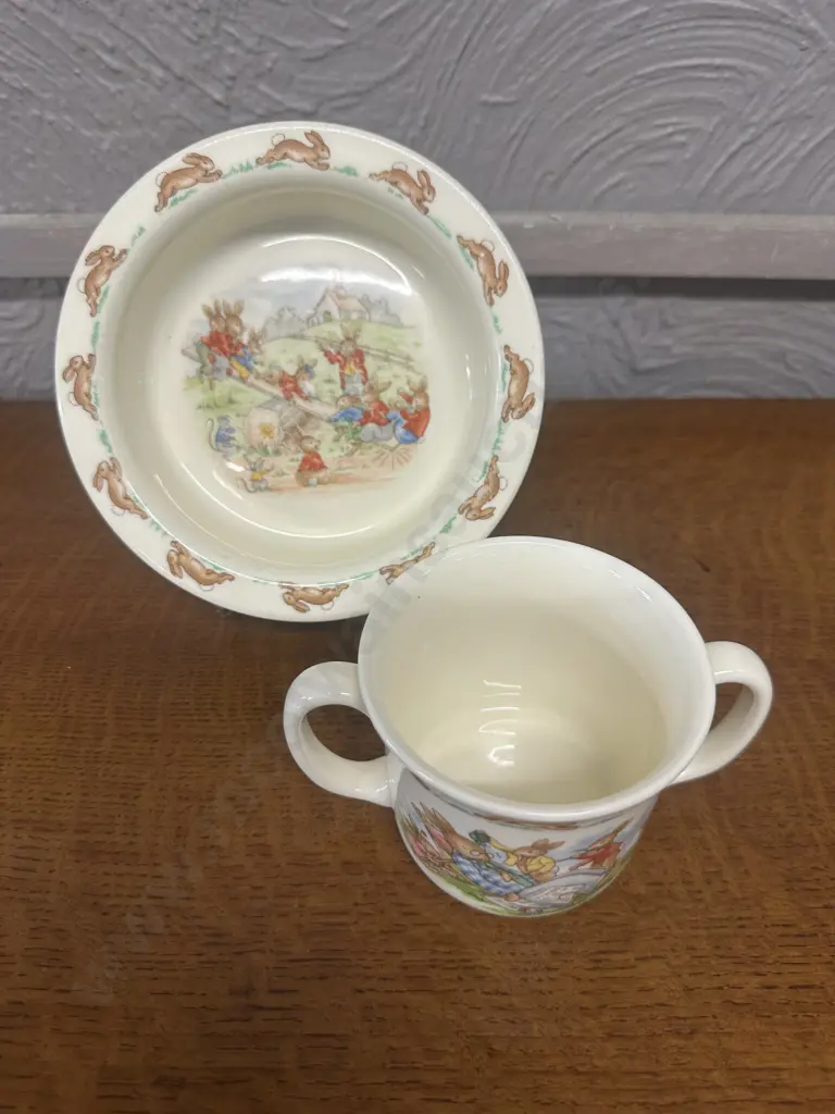 Vintage Royal Doulton Bunnykins See Saw Cereal Bowl & Double Handled Childrens Mug Image 1++