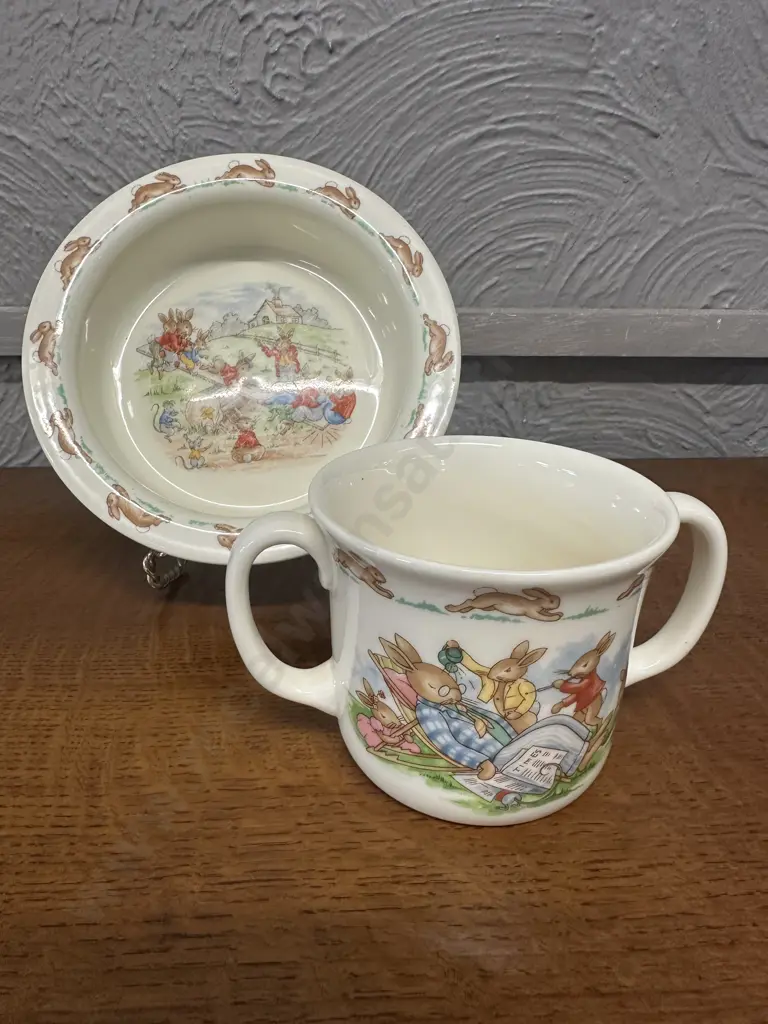 Vintage Royal Doulton Bunnykins See Saw Cereal Bowl & Double Handled Childrens Mug Image 1++