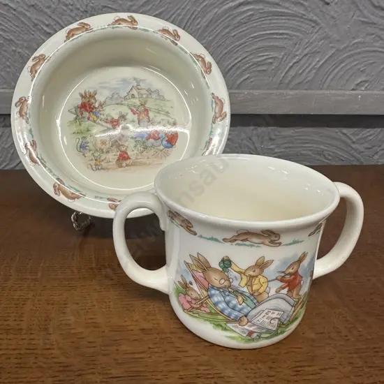 Vintage Royal Doulton Bunnykins See Saw Cereal Bowl & Double Handled Childrens Mug