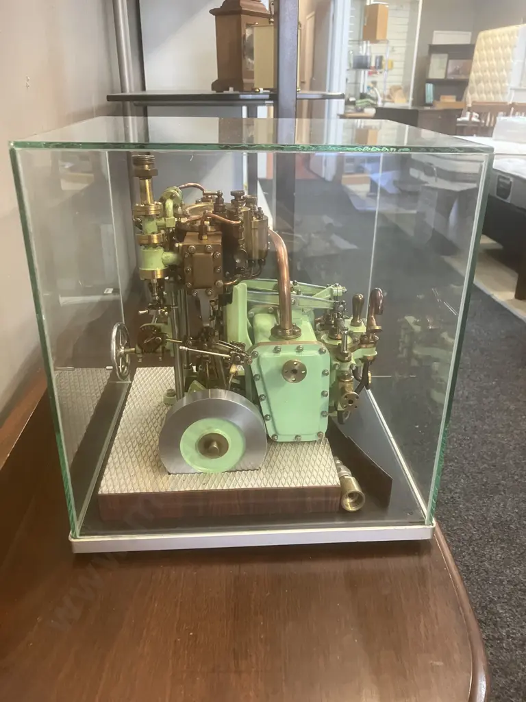 Two-Cylinder Marine Launch Model Steam Engine With Glass Case. H32 W29 D27cm Image 1++
