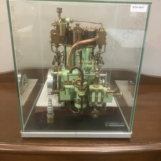Two-Cylinder Marine Launch Model Steam Engine With Glass Case. H32 W29 D27cm