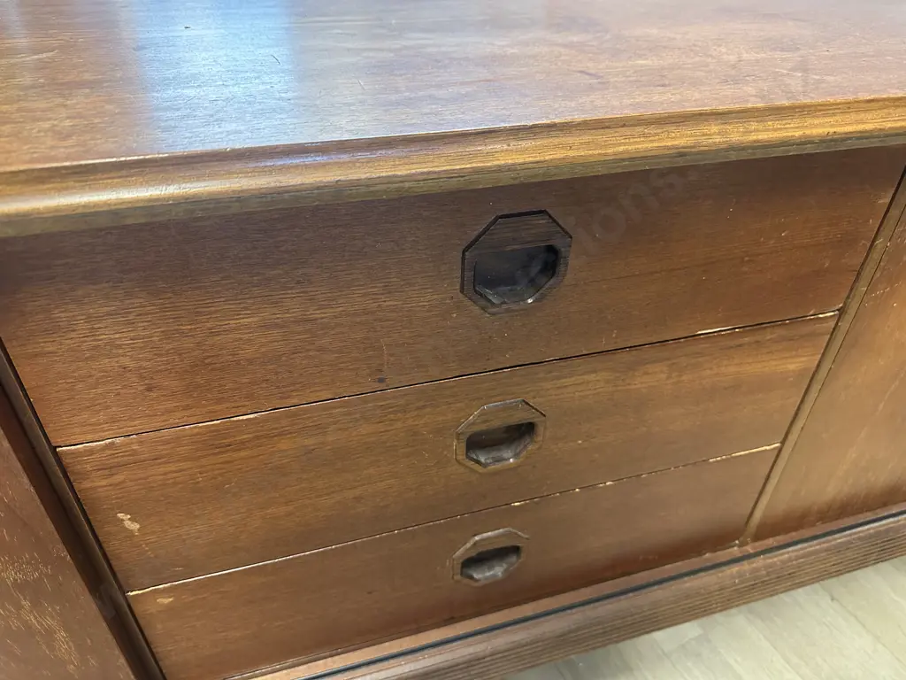 Vintage Mid Century Teak Sideboard Two Door Three Drawers & Drop Down Door Recess Pulls On Doors & Drawers Image 1++