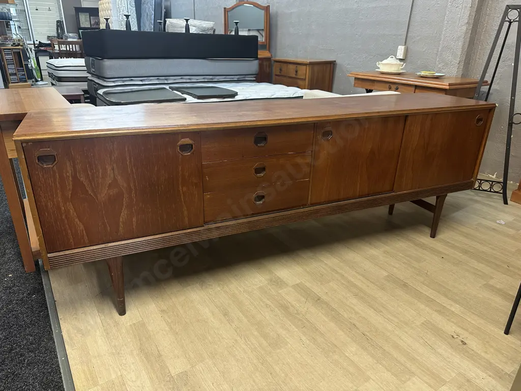 Vintage Mid Century Teak Sideboard Two Door Three Drawers & Drop Down Door Recess Pulls On Doors & Drawers Image 1++