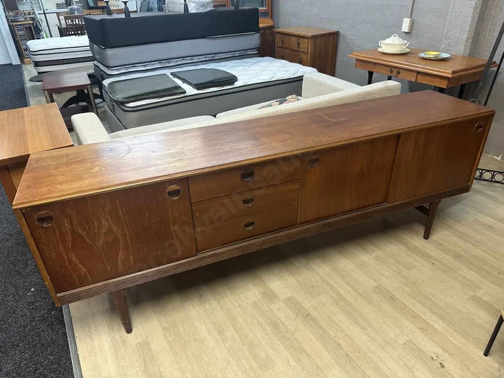 Vintage Mid Century Teak Sideboard Two Door Three Drawers & Drop Down Door Recess Pulls On Doors & Drawers Image 1++