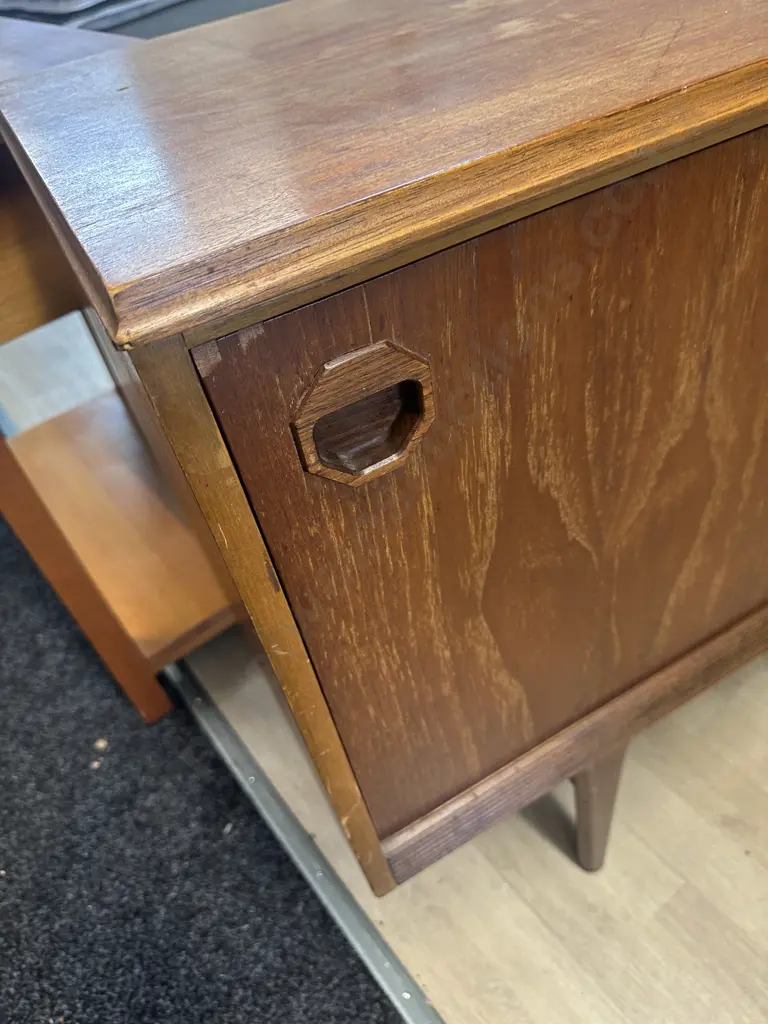 Vintage Mid Century Teak Sideboard Two Door Three Drawers & Drop Down Door Recess Pulls On Doors & Drawers Image 1++