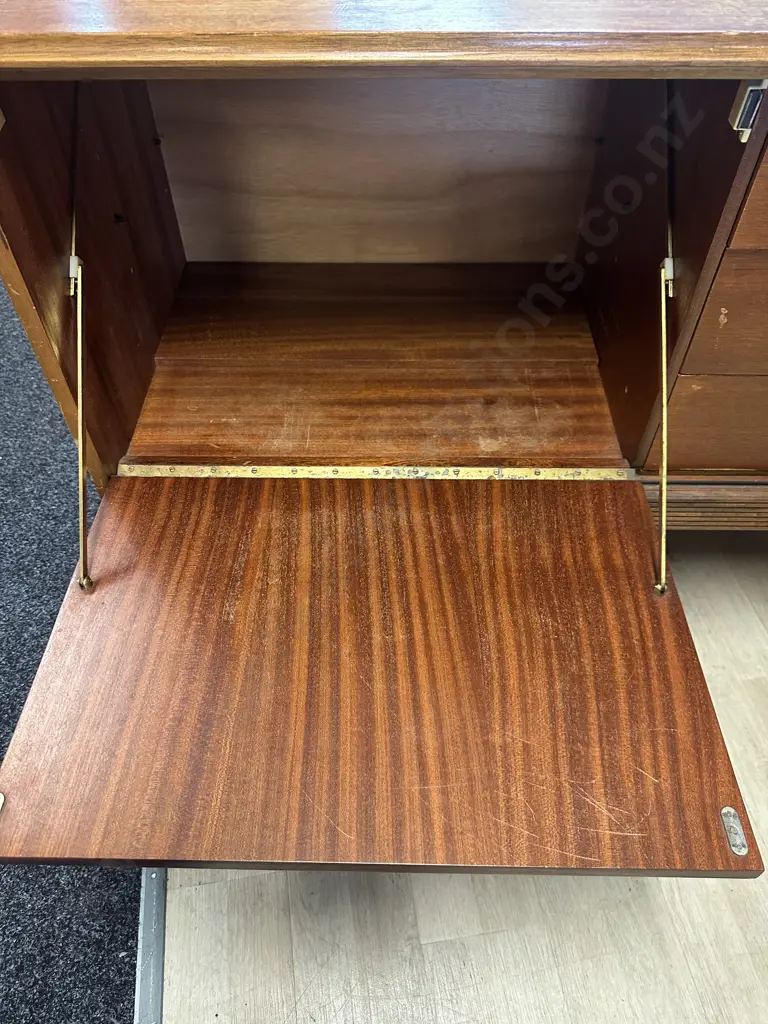 Vintage Mid Century Teak Sideboard Two Door Three Drawers & Drop Down Door Recess Pulls On Doors & Drawers Image 1++