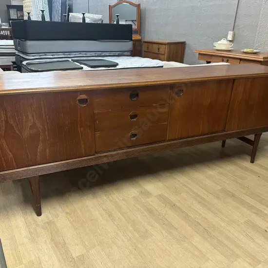 Vintage Mid Century Teak Sideboard Two Door Three Drawers & Drop Down Door Recess Pulls On Doors & Drawers