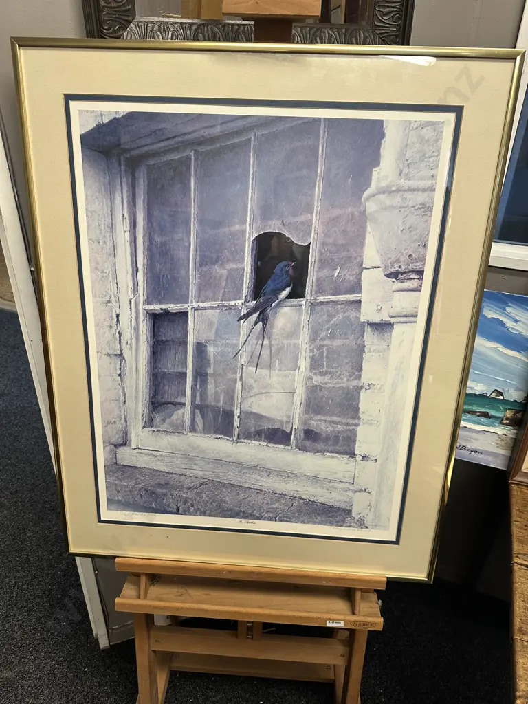 Raymond Ching Limited Edition Print 17/40 Titled 'The Swallow' Gold Coloured Frame 85x68cm. Image 1++