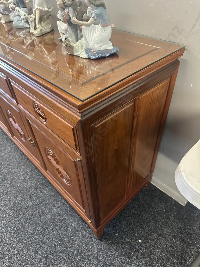 Traditional Rosewood Sideboard Carved Circular Longevity Symbols With Four Short Drawers Over Four Cupboard Doors Image 1++