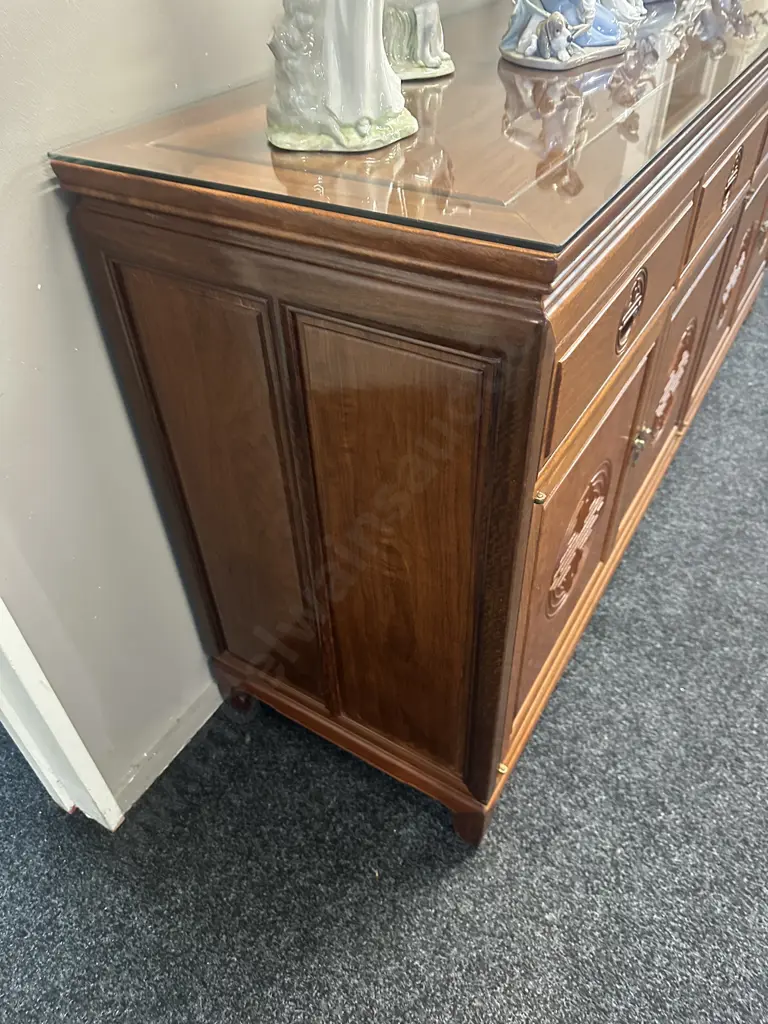 Traditional Rosewood Sideboard Carved Circular Longevity Symbols With Four Short Drawers Over Four Cupboard Doors Image 1++