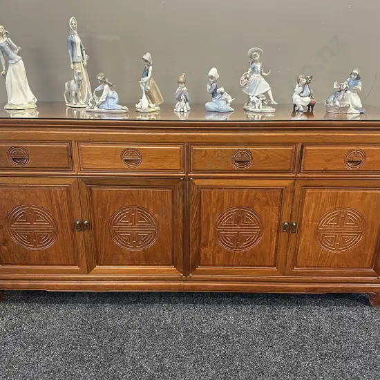 Traditional Rosewood Sideboard Carved Circular Longevity Symbols With Four Short Drawers Over Four Cupboard Doors