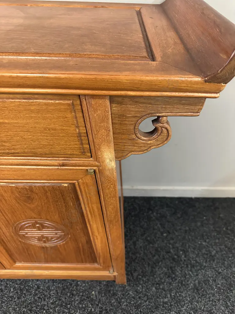 Traditional Rosewood Ming Style Altar Cabinet With Single Drawer Two Doors With Carved Circular Longevity Symbols H81 W9 Image 1++