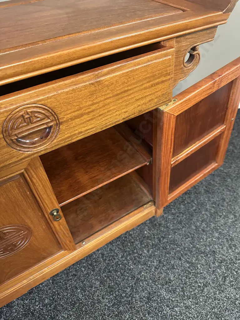 Traditional Rosewood Ming Style Altar Cabinet With Single Drawer Two Doors With Carved Circular Longevity Symbols H81 W9 Image 1++