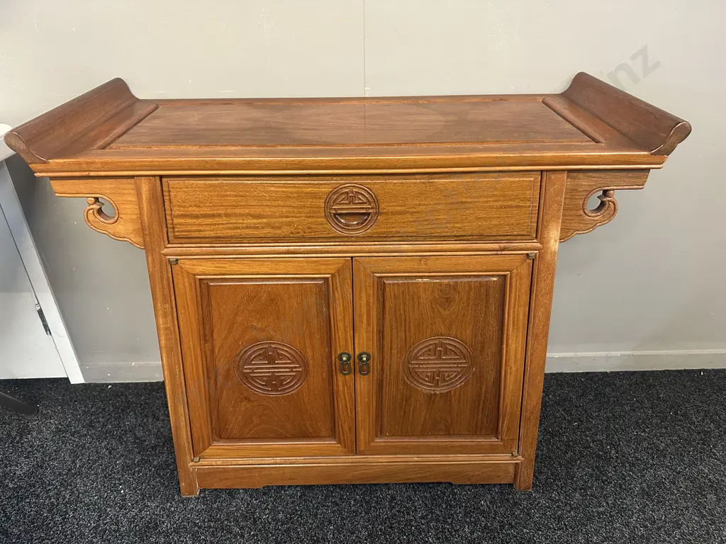 Traditional Rosewood Ming Style Altar Cabinet With Single Drawer Two Doors With Carved Circular Longevity Symbols H81 W9 Image 1++