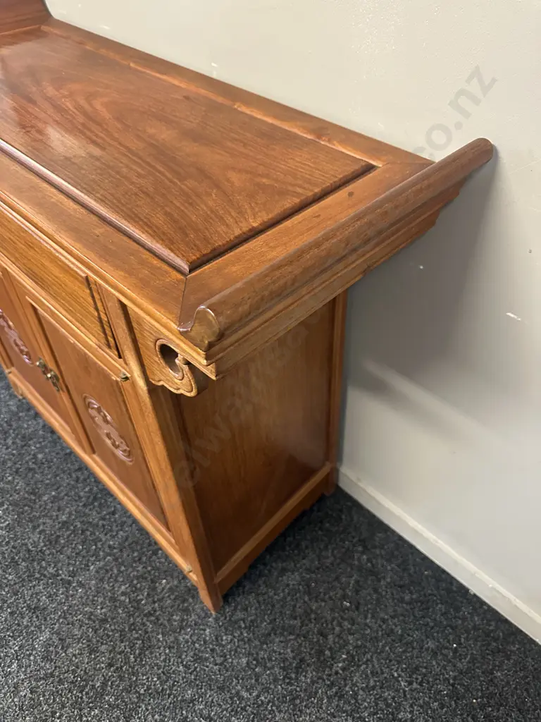 Traditional Rosewood Ming Style Altar Cabinet With Single Drawer Two Doors With Carved Circular Longevity Symbols H81 W9 Image 1++