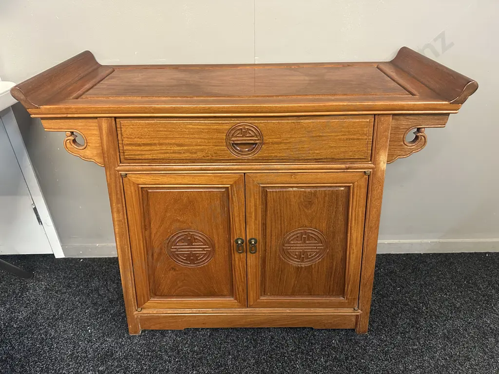 Traditional Rosewood Ming Style Altar Cabinet With Single Drawer Two Doors With Carved Circular Longevity Symbols H81 W9 Image 1++