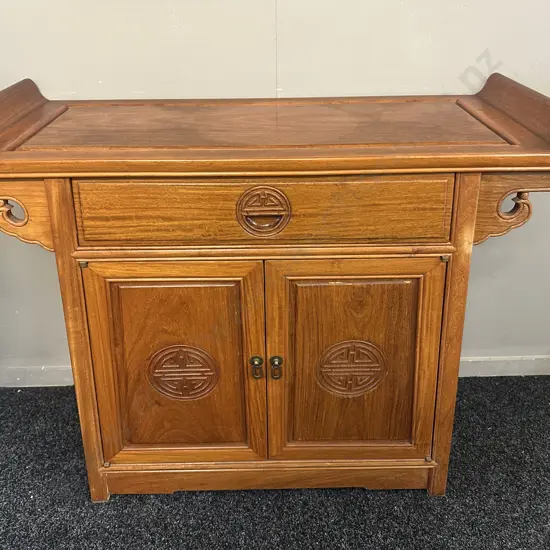 Traditional Rosewood Ming Style Altar Cabinet With Single Drawer Two Doors With Carved Circular Longevity Symbols H81 W9