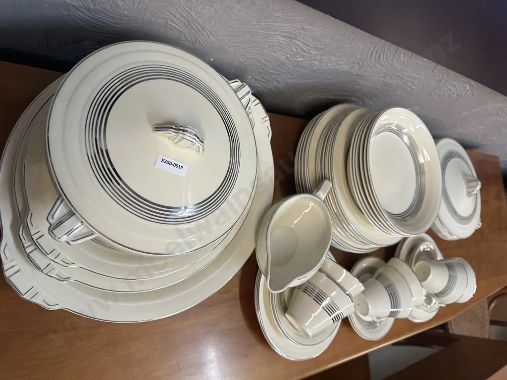 Grindley 1940's Art Deco 42 Piece Dinnerware Including 6 Teacup Trios, Lidded Tureens, Serving Platters, Gravy Boat Etc Image 1++