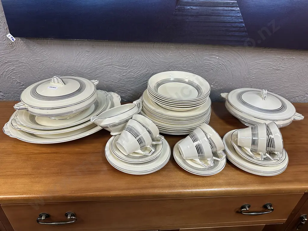 Grindley 1940's Art Deco 42 Piece Dinnerware Including 6 Teacup Trios, Lidded Tureens, Serving Platters, Gravy Boat Etc Image 1++