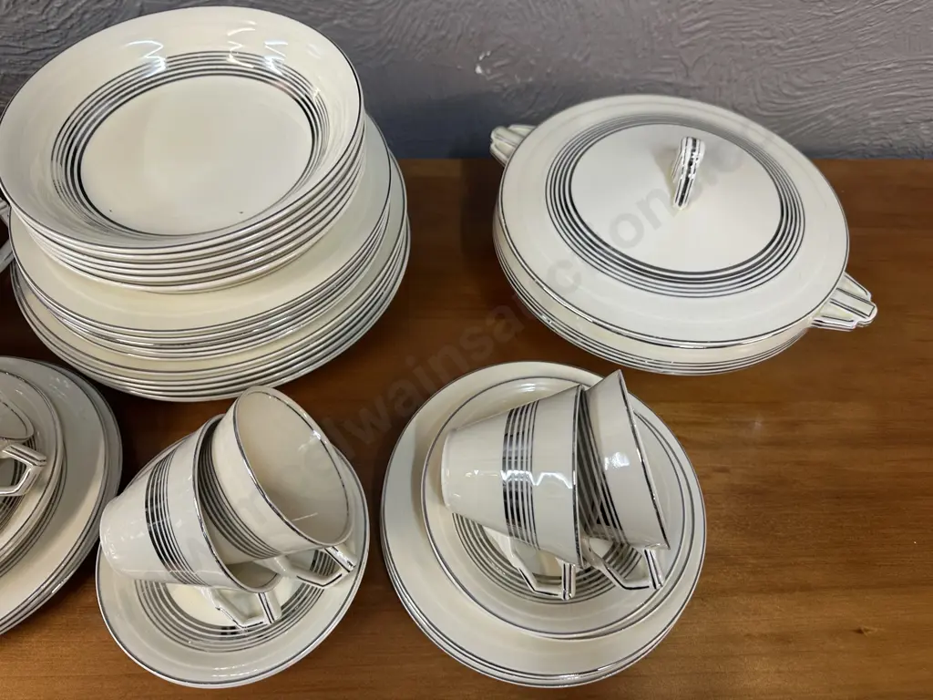Grindley 1940's Art Deco 42 Piece Dinnerware Including 6 Teacup Trios, Lidded Tureens, Serving Platters, Gravy Boat Etc Image 1++