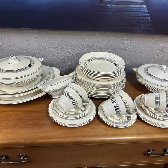 Grindley 1940's Art Deco 42 Piece Dinnerware Including 6 Teacup Trios, Lidded Tureens, Serving Platters, Gravy Boat Etc