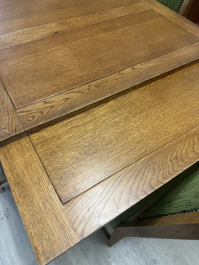 Vintage Art Deco Brutalist Oak Extension Dining Table With Six Green Upholstered Chairs Domed Detail Image 1++