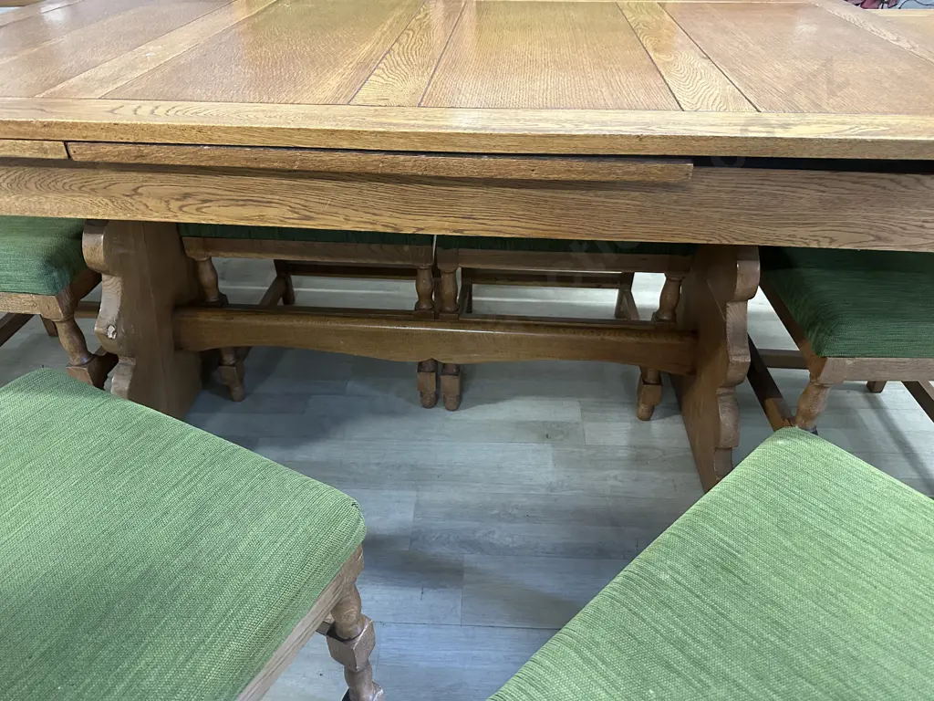 Vintage Art Deco Brutalist Oak Extension Dining Table With Six Green Upholstered Chairs Domed Detail Image 1++