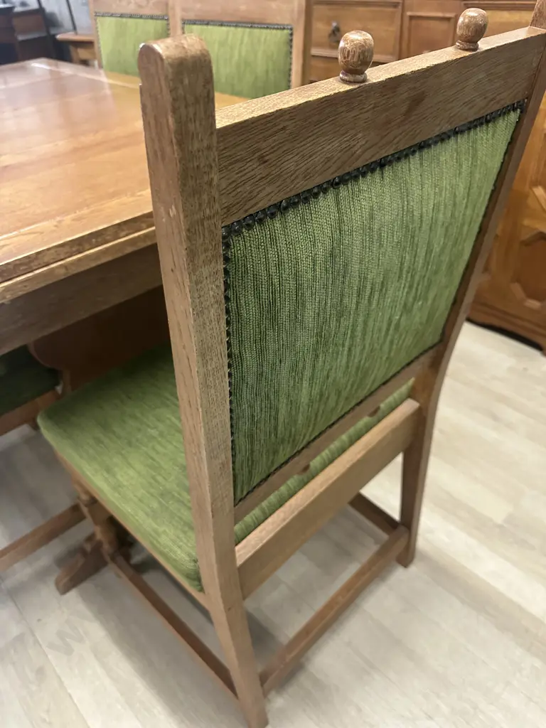 Vintage Art Deco Brutalist Oak Extension Dining Table With Six Green Upholstered Chairs Domed Detail Image 1++