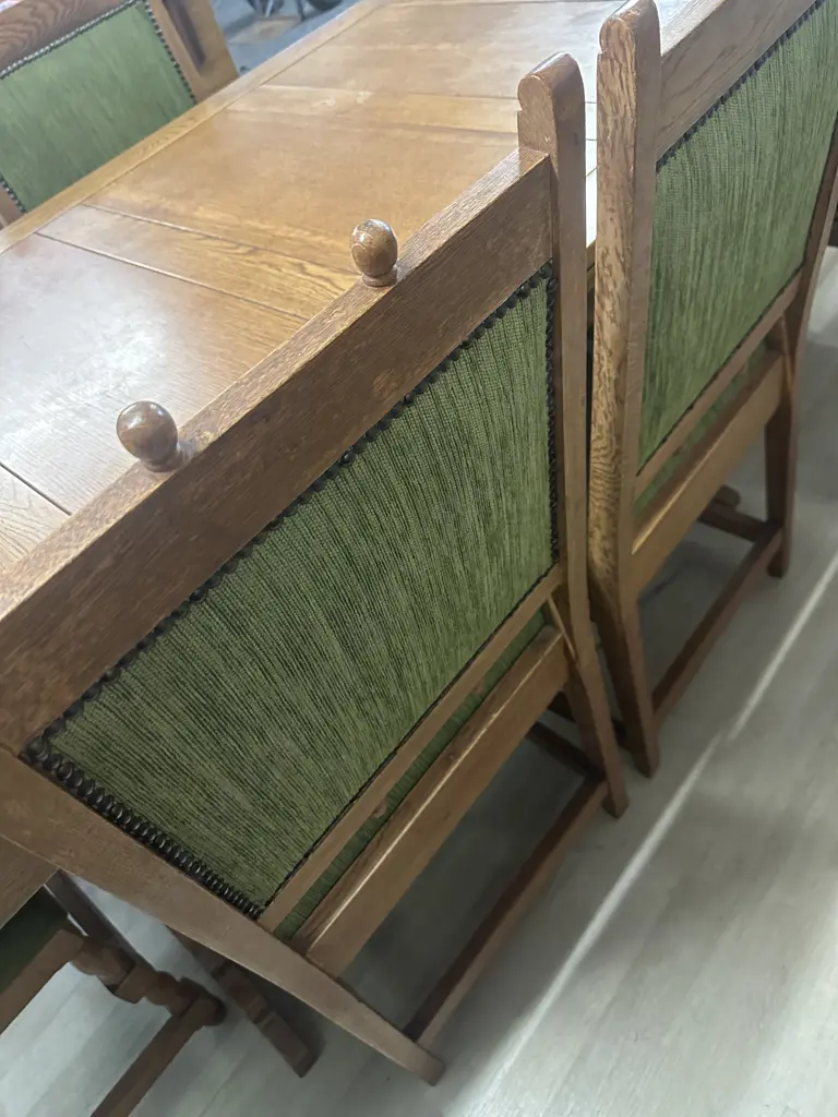 Vintage Art Deco Brutalist Oak Extension Dining Table With Six Green Upholstered Chairs Domed Detail Image 1++