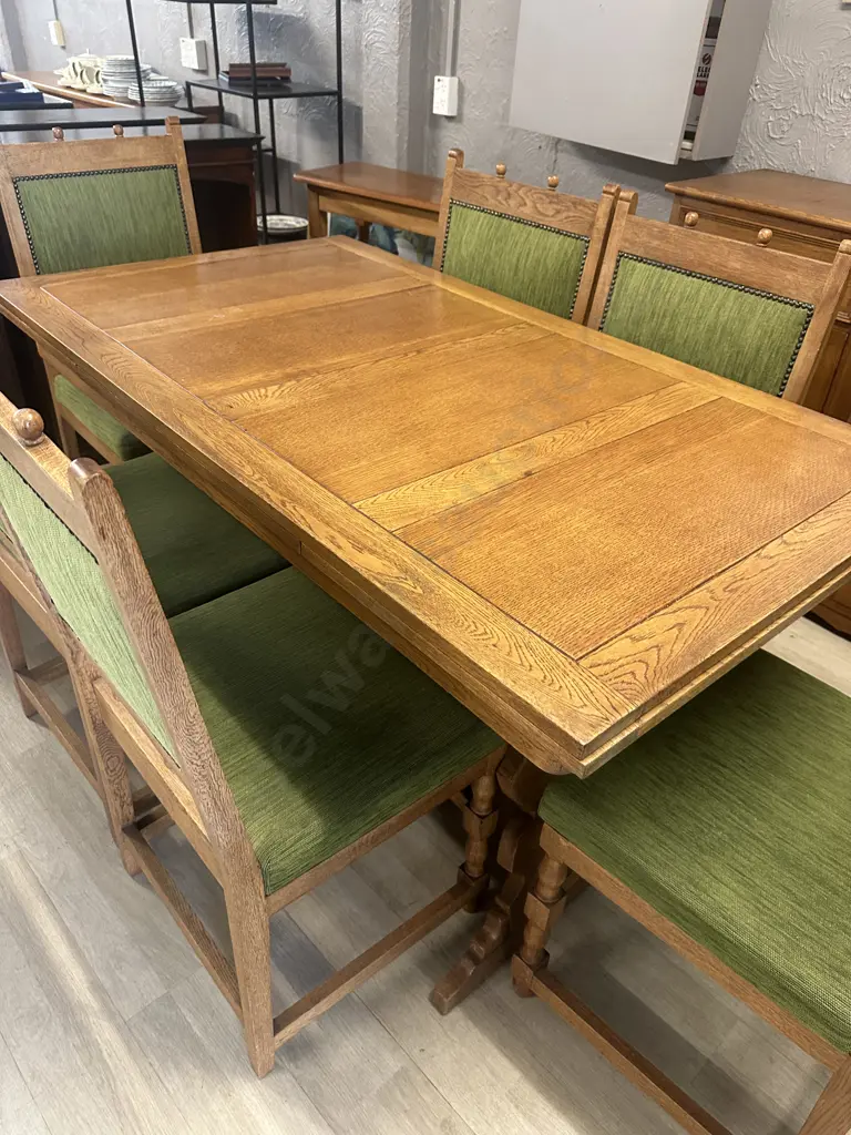 Vintage Art Deco Brutalist Oak Extension Dining Table With Six Green Upholstered Chairs Domed Detail Image 1++