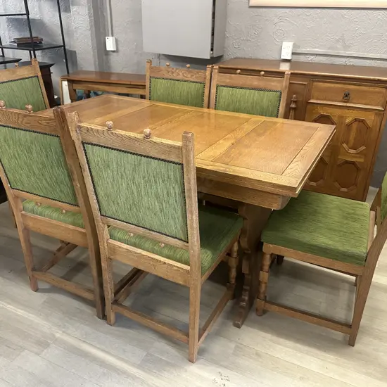 Vintage Art Deco Brutalist Oak Extension Dining Table With Six Green Upholstered Chairs Domed Detail