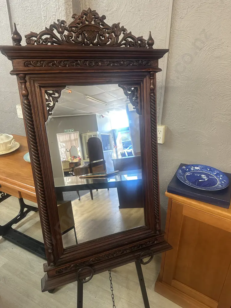 Antique Style Carved Wooden Wall Mirror With Ornate Pierced Crest & Barley Twist Columns H105 W61cm. Image 1++